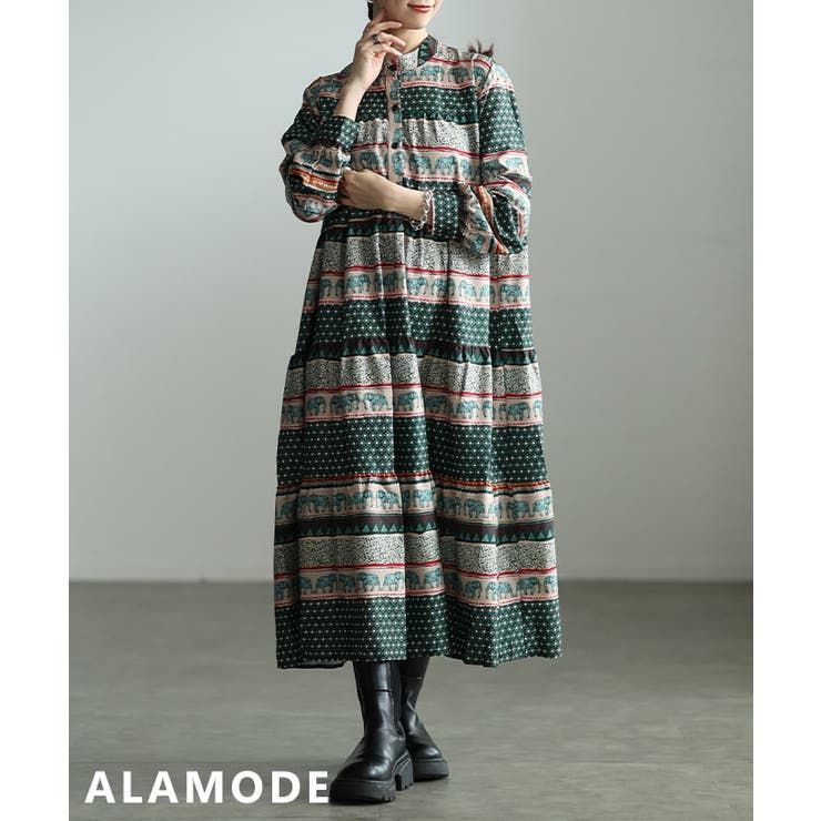 グリーン | 一枚で完成するオリエンタル柄ティアードワンピース レディース ワンピース | Sawa a la mode