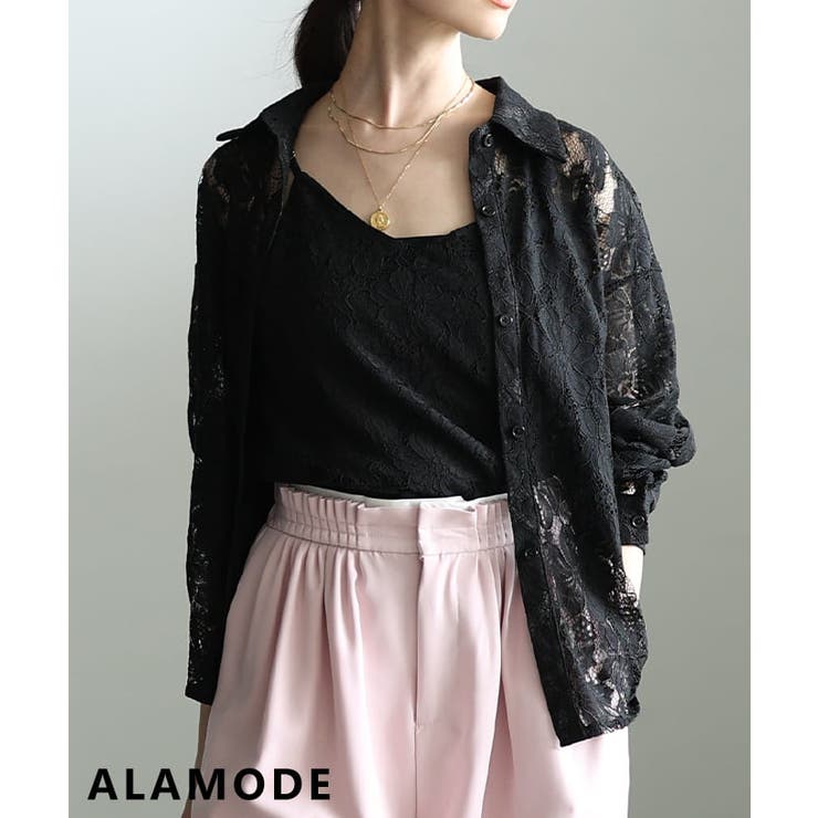 ブラック | レイヤードが完成するレースシャツ＆キャミソールアンサンブル レディース ブラウス | Sawa a la mode