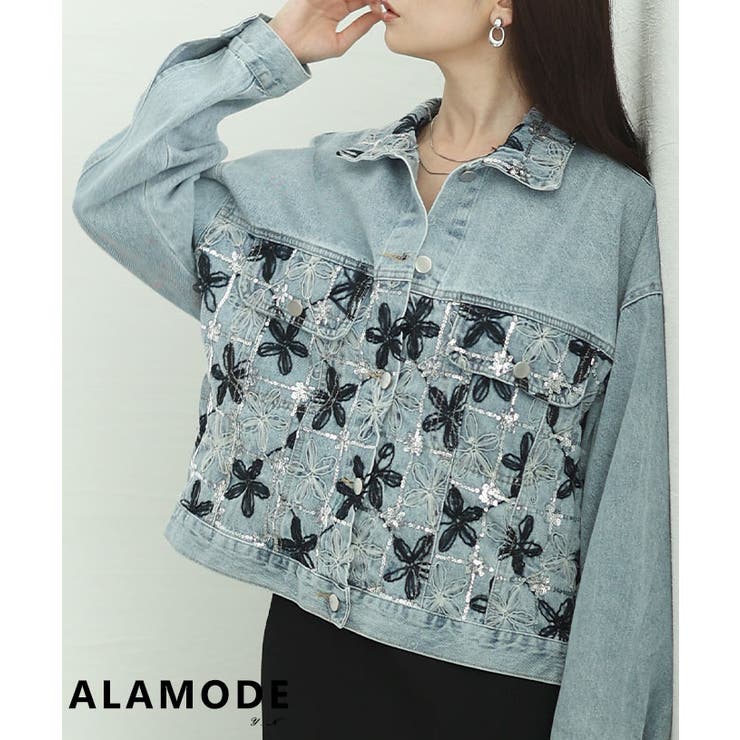 ブルー | 常識をハックするチュールフラワー切替デニムジャケット レディース ファッション | Sawa a la mode