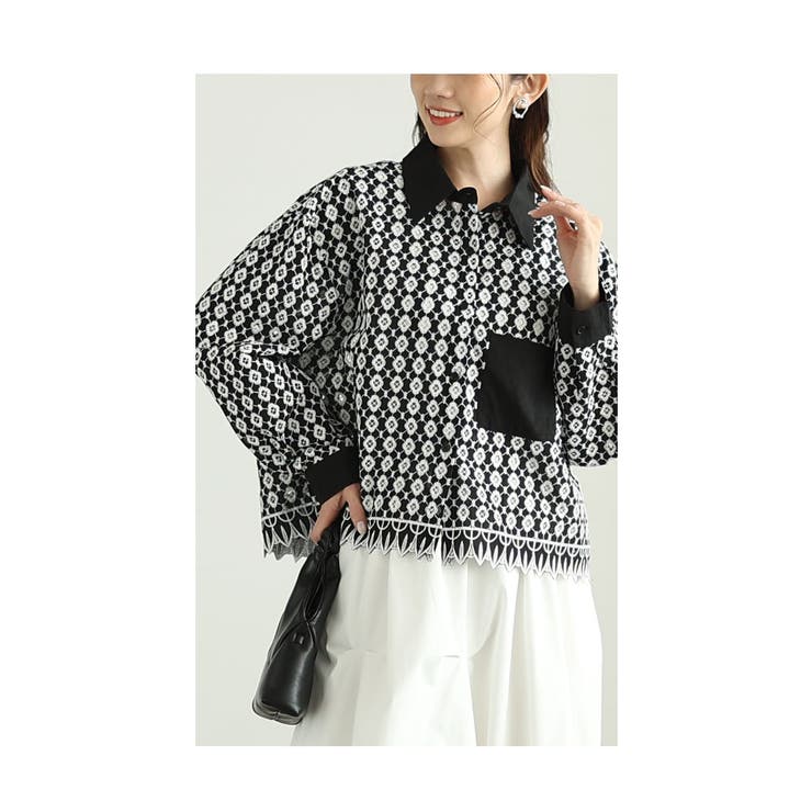 ブラック | お花が浮かび上がるパンチングレースのコットンシャツブラウス レディース ファッシ… | Sawa a la mode