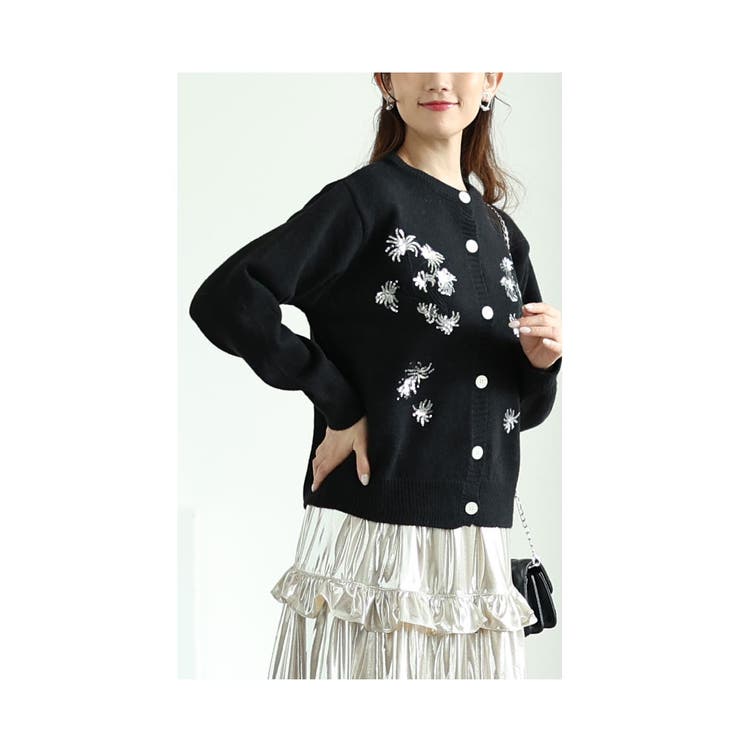 ブラック | スパンコールが煌めくもっちりニットカーディガン レディース ファッション | Sawa a la mode