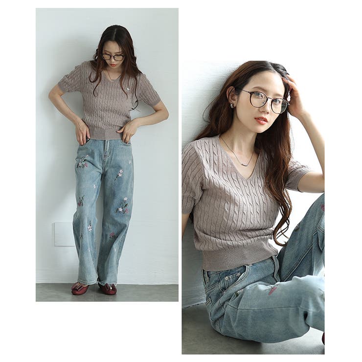 ベージュ | デイリーコーデに役立つVネックケーブルサマーニットプルオーバー レディース ファ… | Sawa a la mode