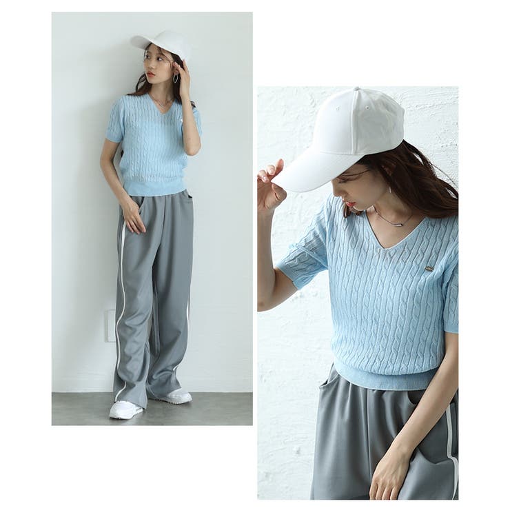 ブルー | デイリーコーデに役立つVネックケーブルサマーニットプルオーバー レディース ファ… | Sawa a la mode