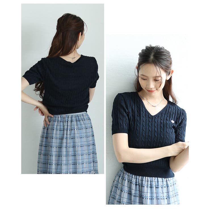 ネイビー | デイリーコーデに役立つVネックケーブルサマーニットプルオーバー レディース ファ… | Sawa a la mode