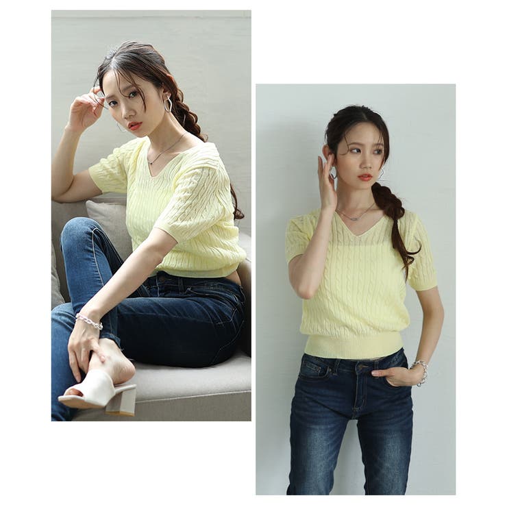 イエロー | デイリーコーデに役立つVネックケーブルサマーニットプルオーバー レディース ファ… | Sawa a la mode