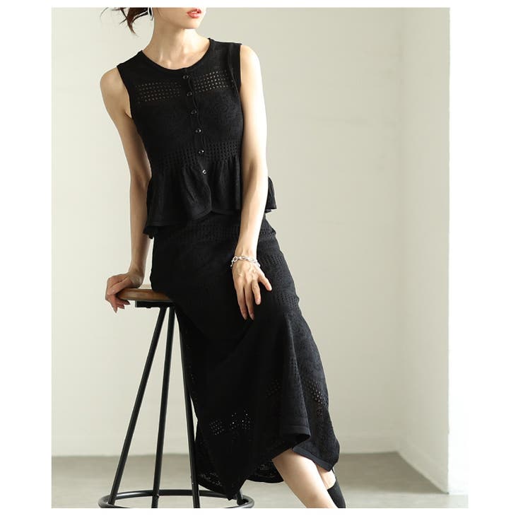 ブラック | 大人ガーリーなフレンチニットトップス+ロングスカートセットアップ レディース フ… | Sawa a la mode