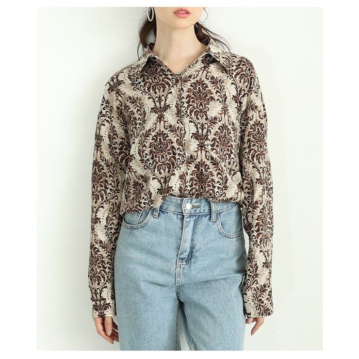 ブラウン | リゾート気分を纏うエスニック柄ロングスリーブルーズシャツ レディース ファッショ… | Sawa a la mode