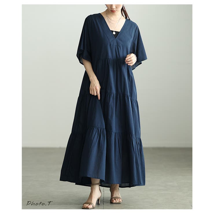 ネイビー | 心地いい涼し気なティアードインド綿ワンピース レディース ファッション | Sawa a la mode
