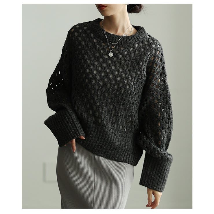 チャコール | レイヤードが映えるざっくりメッシュニットトップス レディース ファッション | Sawa a la mode