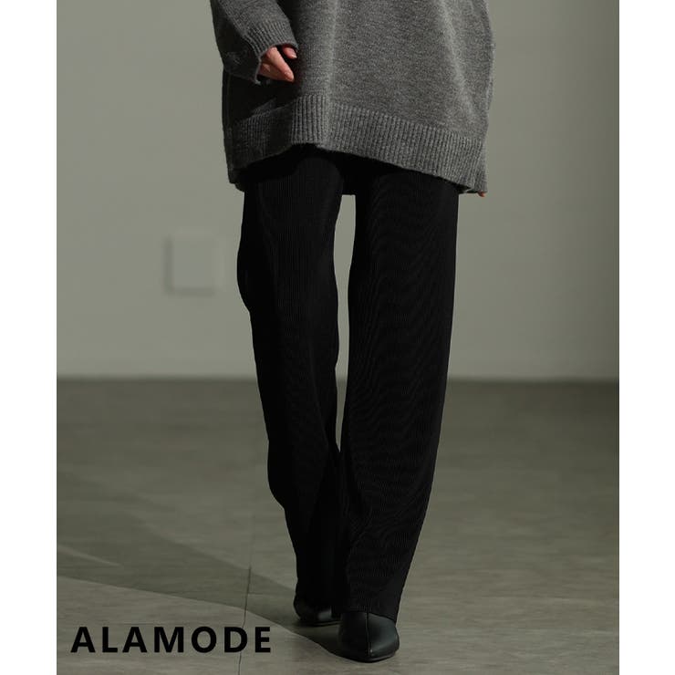 ブラック | セルフカットできるリブストレートパンツ 美脚 レディース | Sawa a la mode