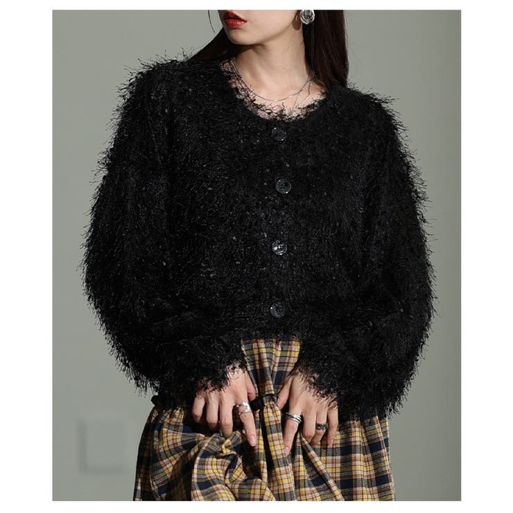 ブラック | 主役に魅せるフェザーニットクロップドカーディガン レディース ファッション | Sawa a la mode