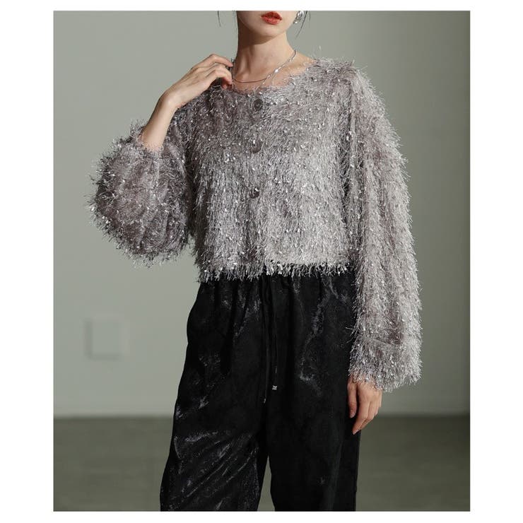 グレー | 主役に魅せるフェザーニットクロップドカーディガン レディース ファッション | Sawa a la mode