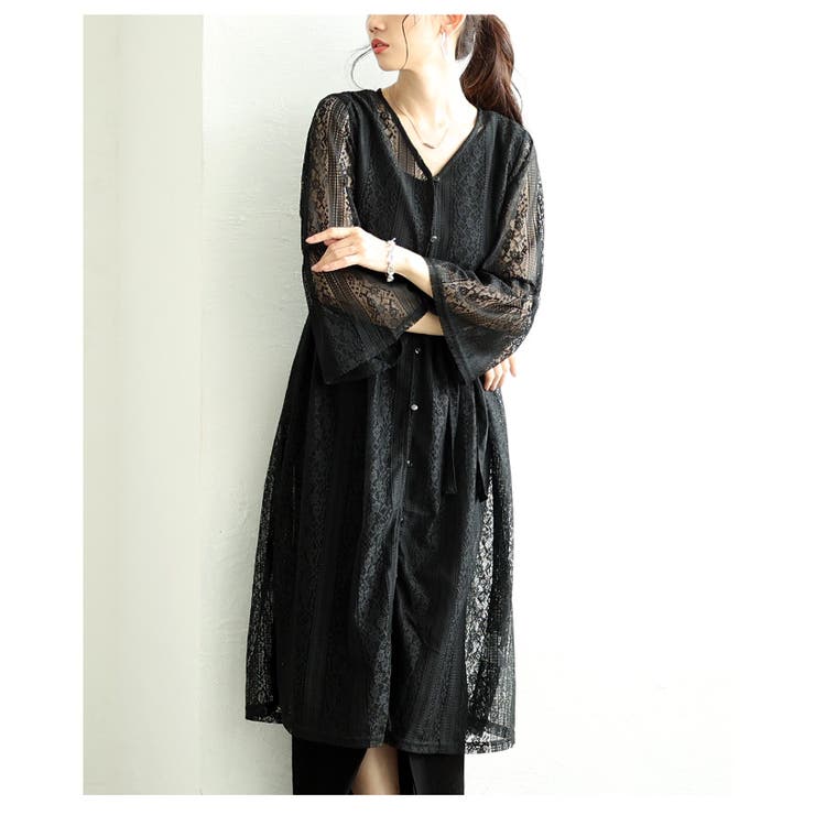 ブラック | 重ねて楽しむ花レースが美しいフレアスリーブワンピース レディース ファッション | Sawa a la mode