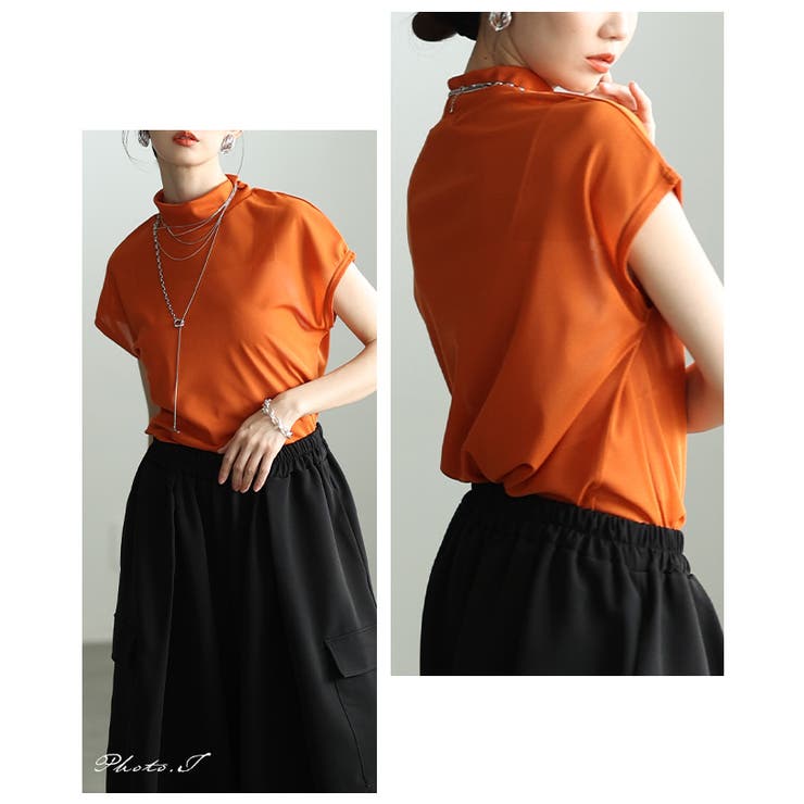 オレンジ | 着回し力抜群なモックネックシアー半袖カットソー レディース ファッション | Sawa a la mode