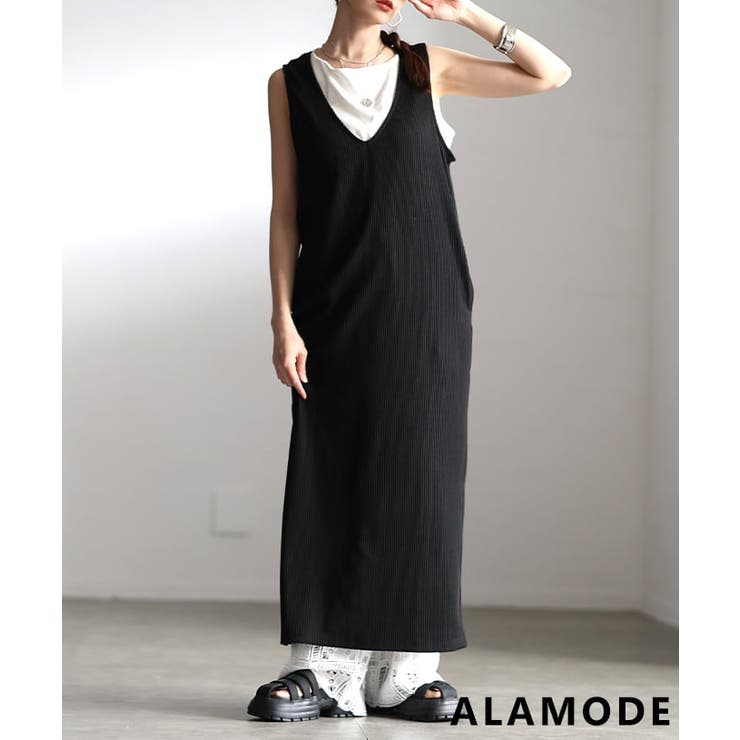 ブラック | 重ねて可愛い深Vネックリブカットワンピース レディース ワンピース | Sawa a la mode