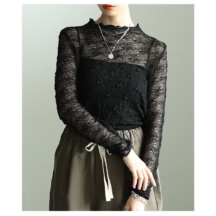 ブラック | リッチ感を重ねるくしゅくしゅレースメロウスリムカットソー レディース ファッショ… | Sawa a la mode