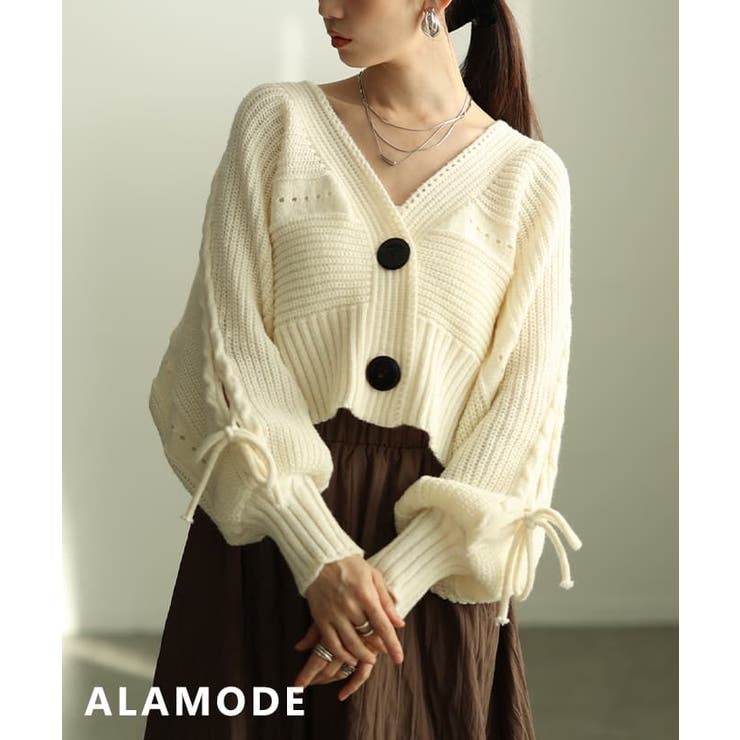 オフホワイト | 大人の抜け感たっぷりのリボンニットカーディガン レディース トップス | Sawa a la mode