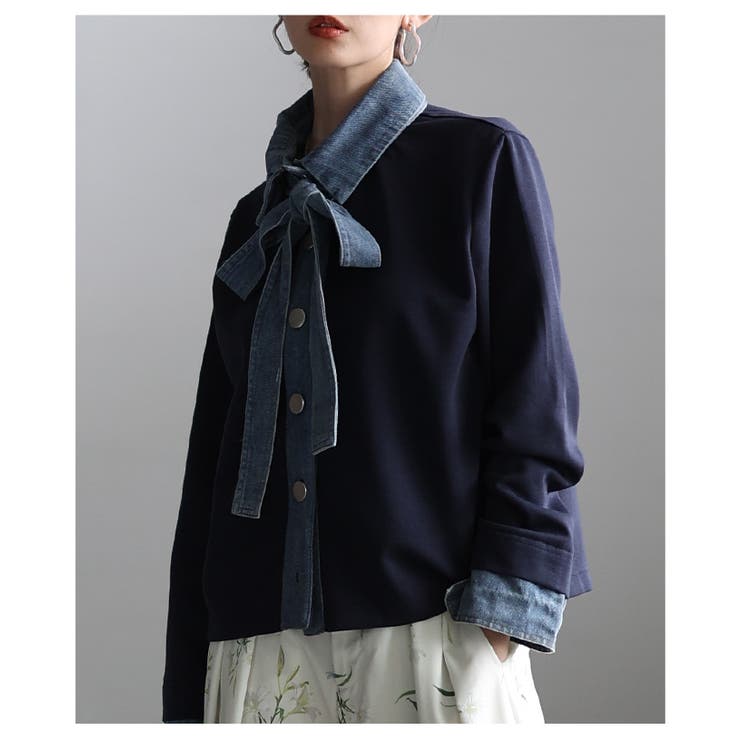 ネイビー | 着こなし広がるリボンタイ付き異素材スウェットトップス レディース ファッション | Sawa a la mode