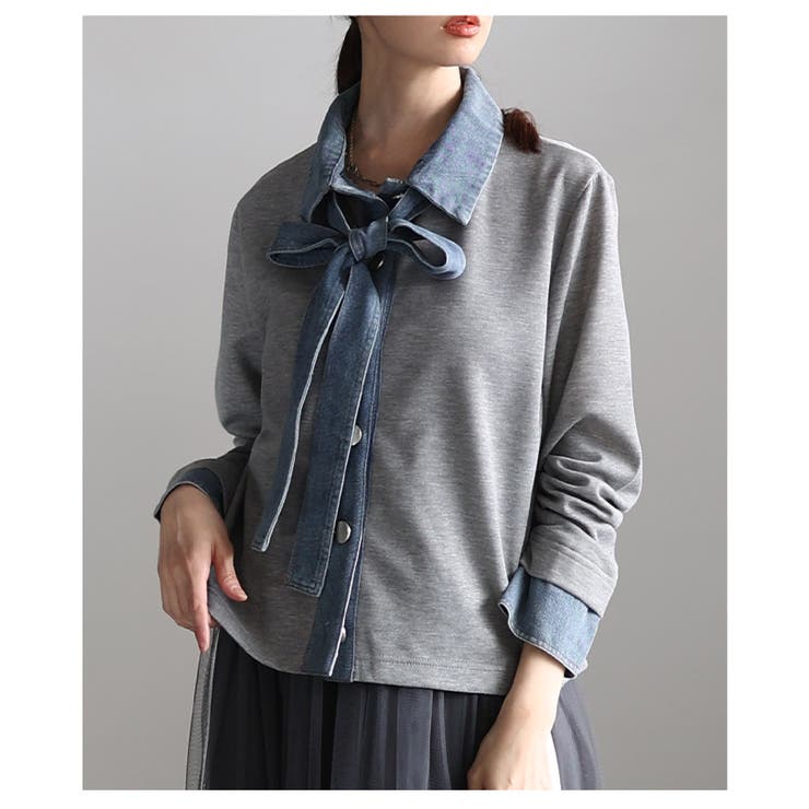 グレー | 着こなし広がるリボンタイ付き異素材スウェットトップス レディース ファッション | Sawa a la mode