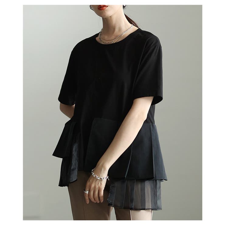 ブラック | モードに華やぐ異素材ティアードプリーツカットソー レディース ファッション | Sawa a la mode