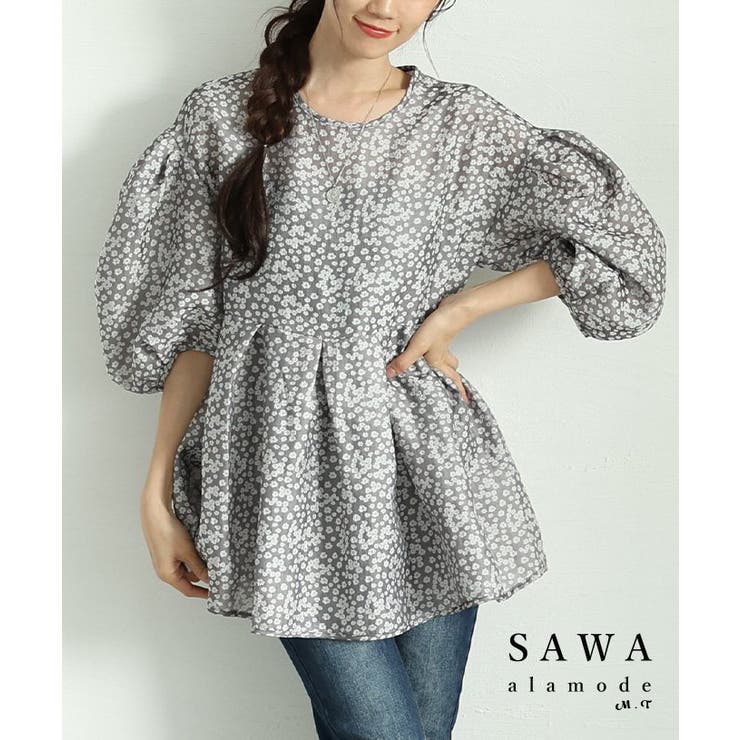 パフスリーブフレアブラウス 総 TABLACK 知的な色合いに咲き誇る小花柄パフスリーブペプラムフレア