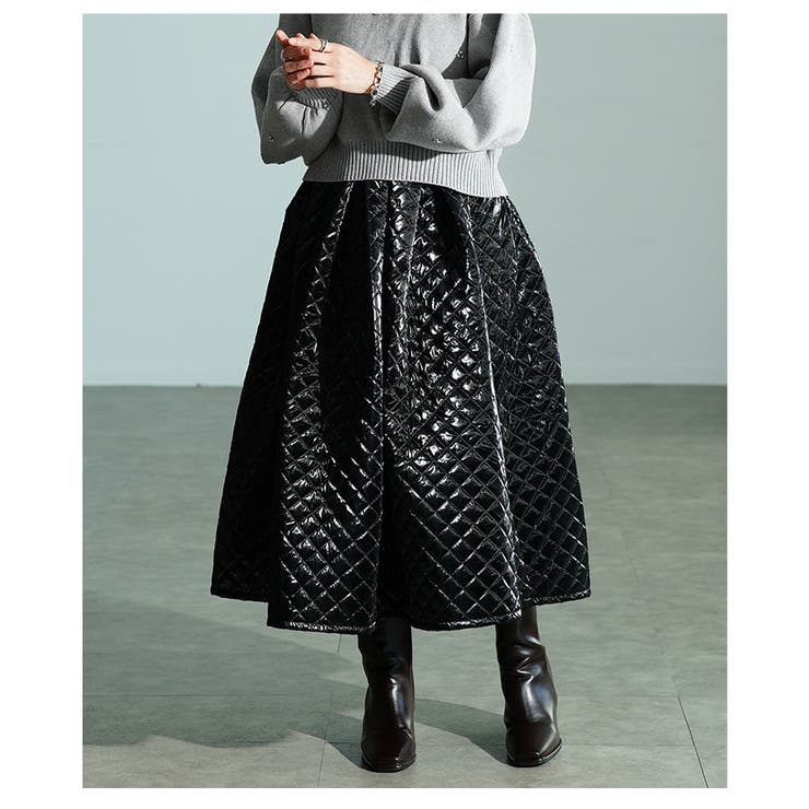 ブラック | 視線を独り占めするメタリックキルティングフレアスカート レディース ファッション | Sawa a la mode