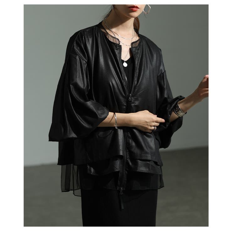 ブラック | 雰囲気を格上げするボリューム袖シアーレイヤードブルゾン レディース ファッション | Sawa a la mode