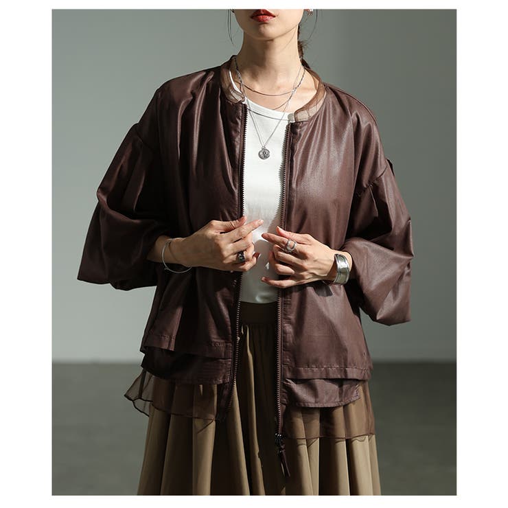ブラウン | 雰囲気を格上げするボリューム袖シアーレイヤードブルゾン レディース ファッション | Sawa a la mode