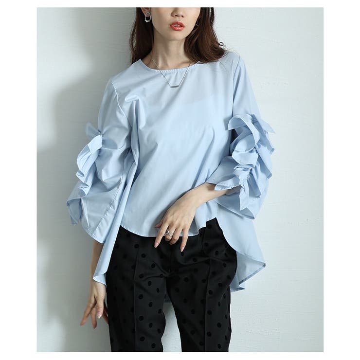 ブルー | 袖フリルフィッシュテールブラウス レディース ファッション | Sawa a la mode