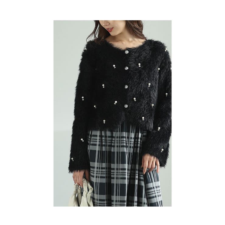 ブラック | 煌きビジューとパールのフェザーニットカーディガン レディース ファッション | Sawa a la mode