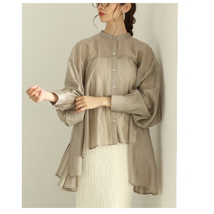 モカ | ヘルシーな肌見せ叶う変形バンドカラーシアーブラウス レディース ファッション | Sawa a la mode