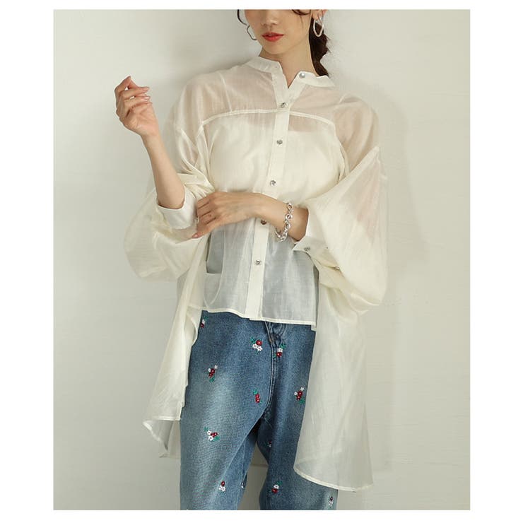 ホワイト | ヘルシーな肌見せ叶う変形バンドカラーシアーブラウス レディース ファッション | Sawa a la mode