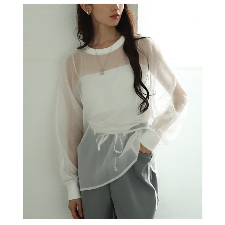 ホワイト | 旬な着こなしで大人の肌見せ叶うシアーロングスリーブカットソー レディース ファッ… | Sawa a la mode