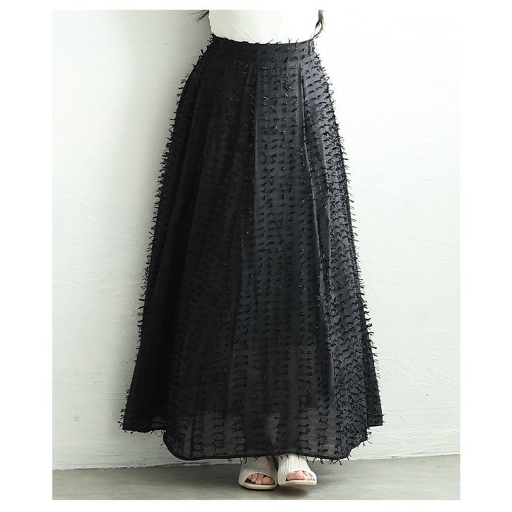 モードに揺らめくフリンジデザインシアーフレアスカート レディース