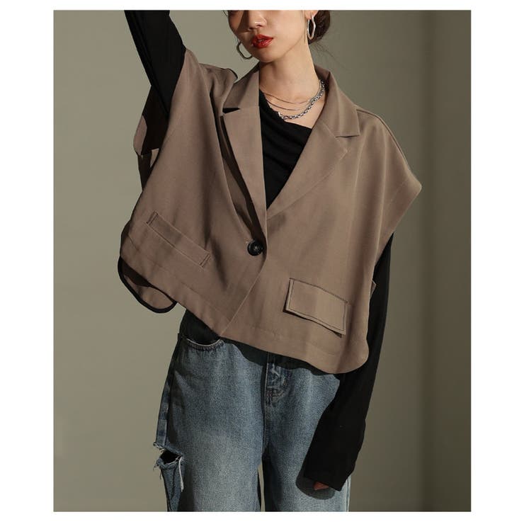 ベージュ | 一点投入でオシャレ見えなショート丈ジレ風ジャケット レディース ファッション | Sawa a la mode