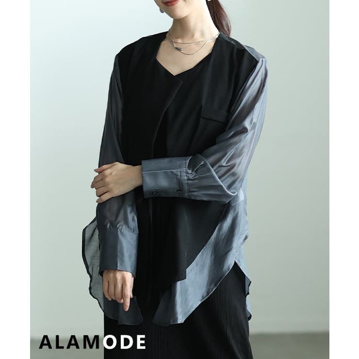 グレー | 重ね着風でこなれるシアーシャツドッキングジャケット レディース アウター | Sawa a la mode