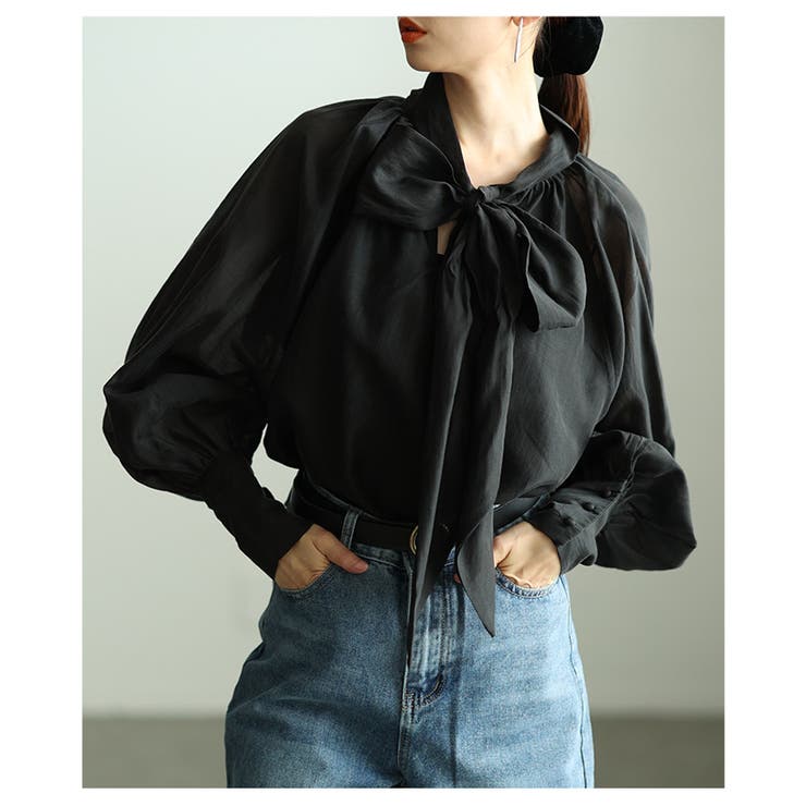 ブラック | 空気を纏う軽やかなリボンタイボリューム袖シアーブラウス レディース ファッション | Sawa a la mode
