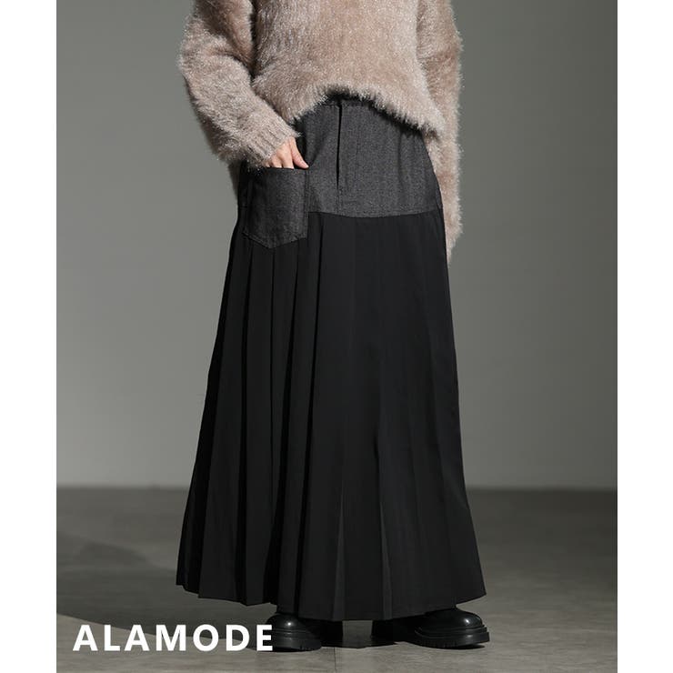 ブラック | 一枚で重ね着見えするデニムプリーツドッキングスカート レディース スカート | Sawa a la mode