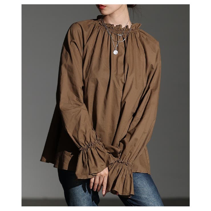 ブラウン | ドラマティック漂うベルスリーブフリルネックブラウス レディース ファッション | Sawa a la mode