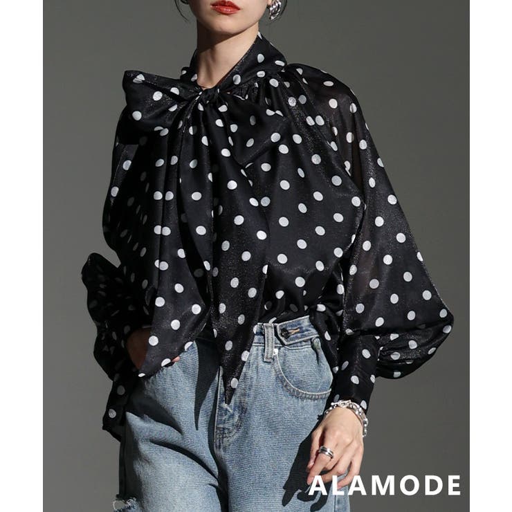 ブラック | 一枚で品格が完成するクラシカルドットボウタイブラウス レディース トップス | Sawa a la mode
