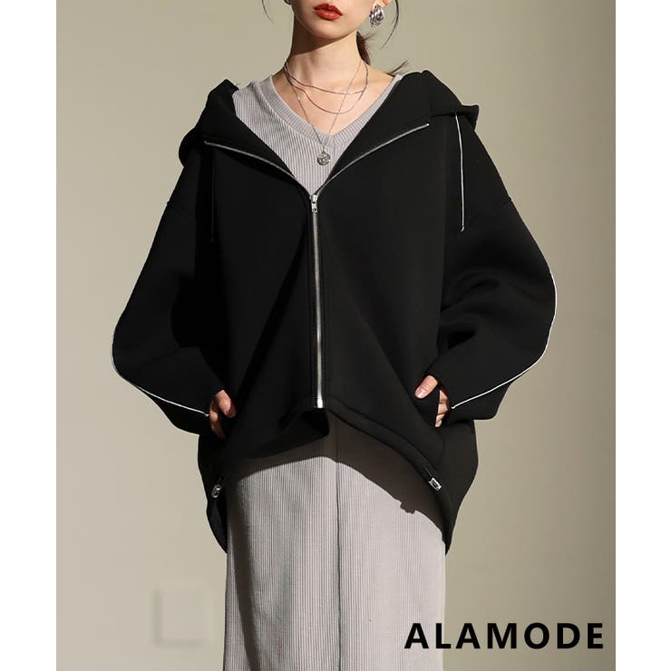 ブラック | 上品ラフの決定版ダブルニットボリュームパーカー レディース アウター | Sawa a la mode