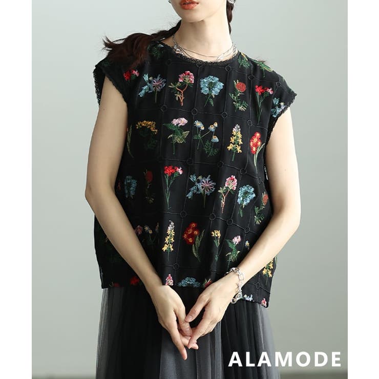 ブラック | 彩りを纏う花刺繍ノースリーブブラウス レディース トップス | Sawa a la mode