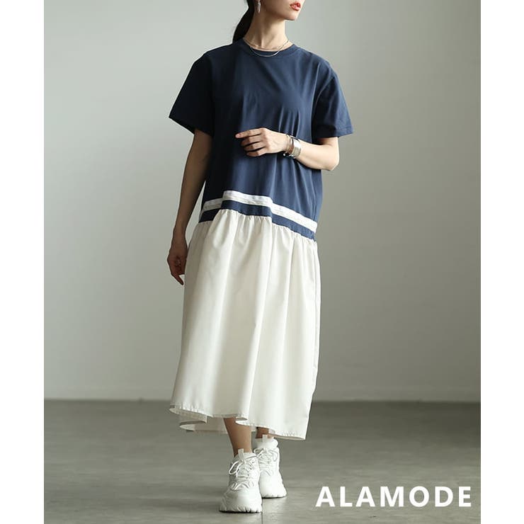 ネイビー | 配色でつくるコントラストカラーコットンワンピース レディース ワンピース | Sawa a la mode