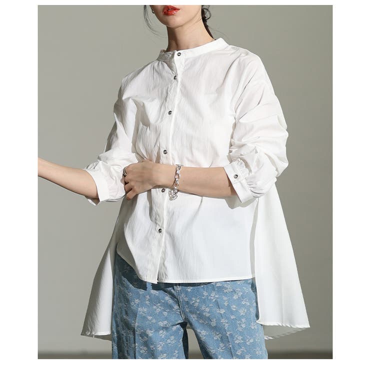ホワイト | 羽織ればこなれるスタンドカラーフィッシュテールシャツ レディース ファッション | Sawa a la mode