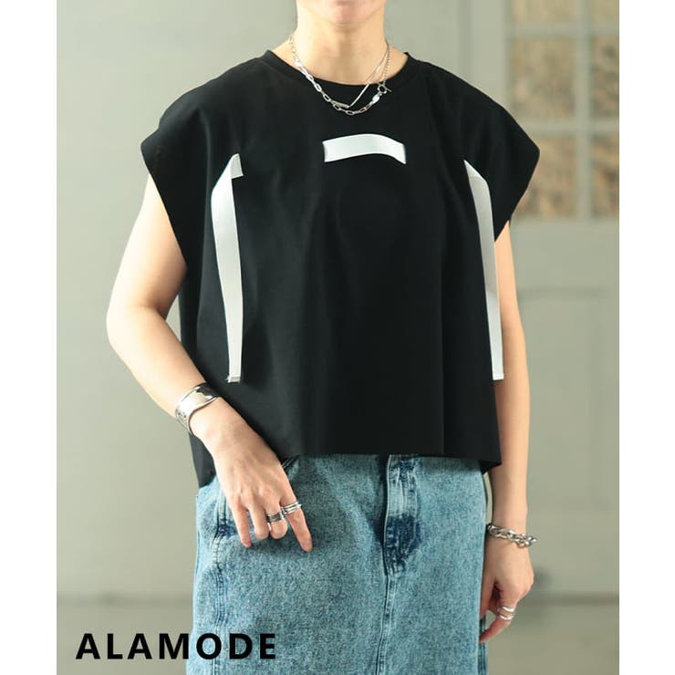 ブラック | 着るだけで差がつくテープデザインスクエアTシャツ レディース トップス | Sawa a la mode