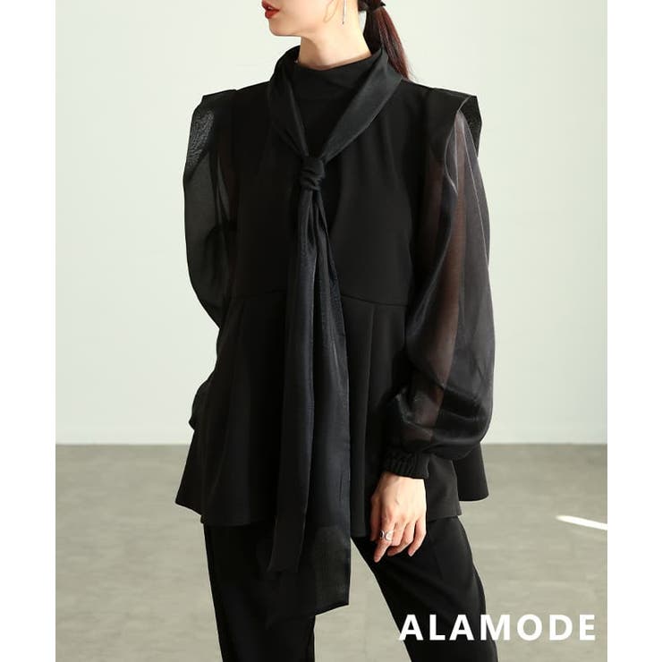 ブラック | 優雅に広がるタイ付きペプラムブラウス レディース トップス | Sawa a la mode