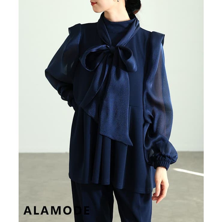 ネイビー | 優雅に広がるタイ付きペプラムブラウス レディース トップス | Sawa a la mode