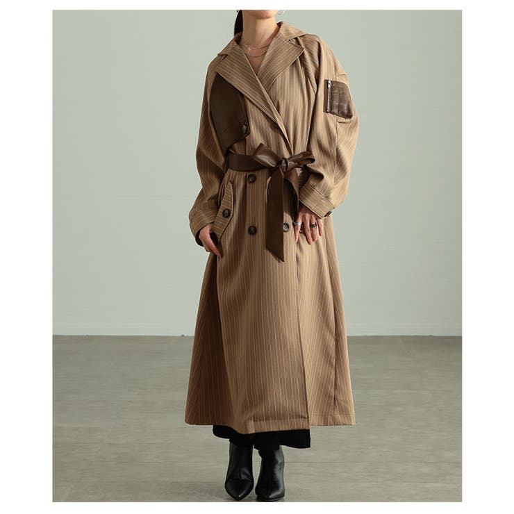 ベージュ | スパイス加えたレザードッキングストライプ柄トレンチコート レディース ファッショ… | Sawa a la mode