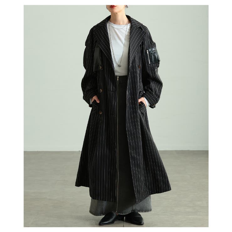 ブラック | スパイス加えたレザードッキングストライプ柄トレンチコート レディース ファッショ… | Sawa a la mode