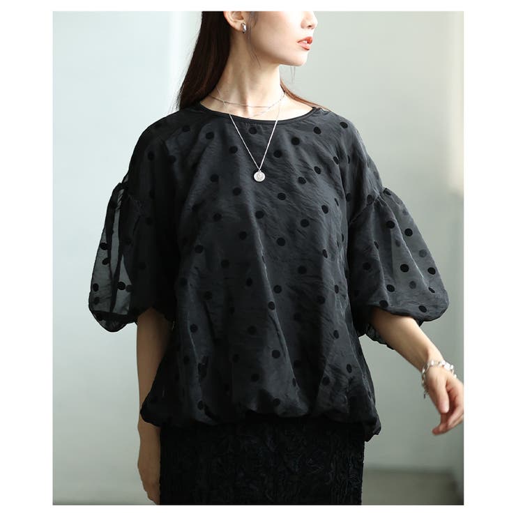 ブラック | 夢見心地なフロッキードットオーガンジーバルーントップス レディース ファッション | Sawa a la mode
